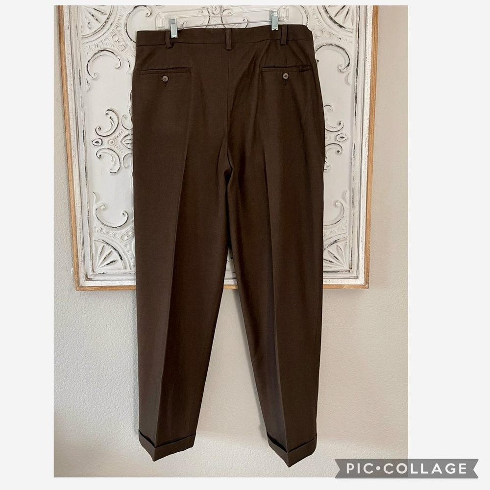 PERRY ELLIS PORTFOLIO RAYON BLEND PLEATED CUFFS MODERN SLIM FIT BROWN DRESS PANT - Picture 2 of 3